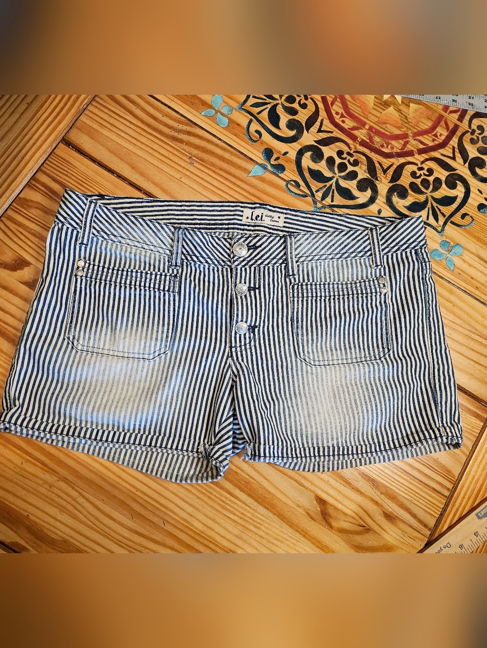 lei Navy and White Railroad striproad Striped Denim Shorts